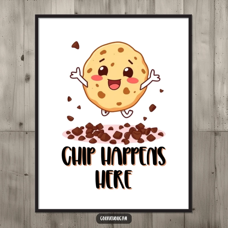 Funny digital art print of a cookie character scattering chocolate chips with pure glee during an energetic leap.
