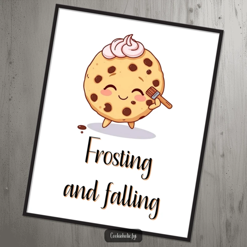 Funny digital art print of a cookie character tripping slightly, smiling, and brushing off frosting with good cheer.