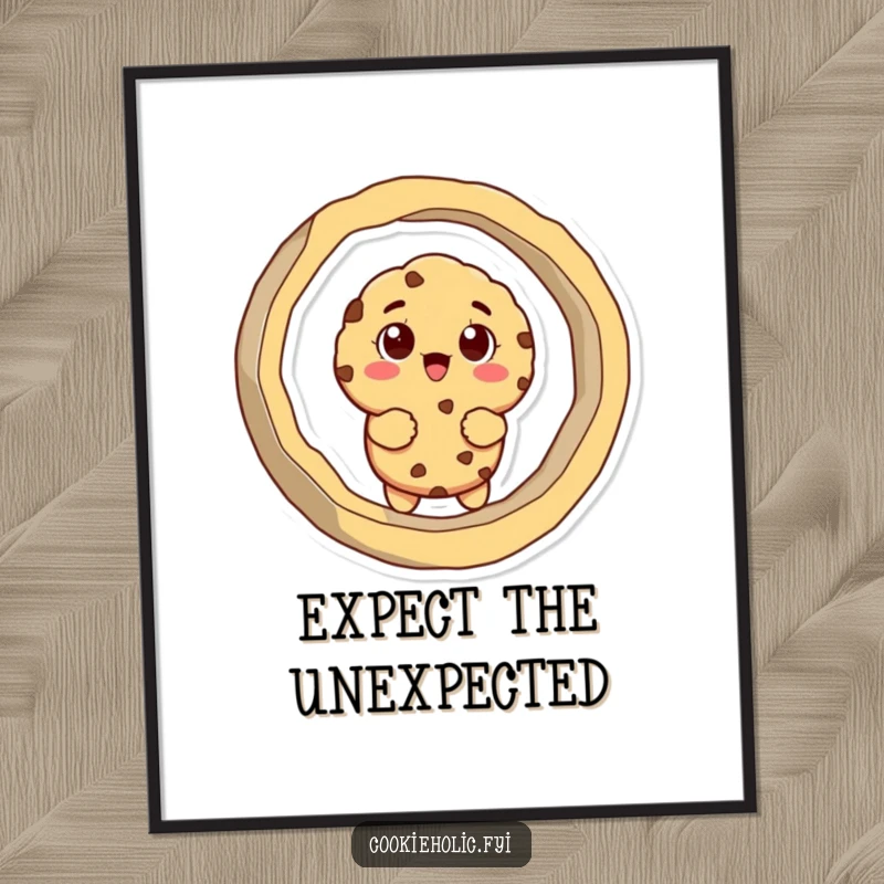 Funny digital art print of a cookie character hilariously stuck in a giant cookie cutter, ready for download.