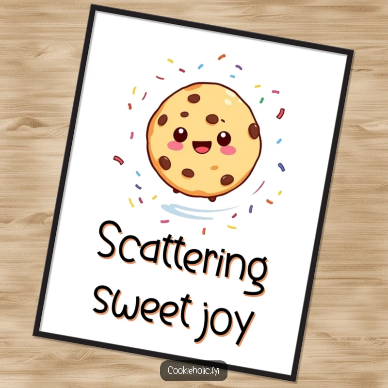 Funny digital art print of a cookie character spinning with sprinkles scattering around, ideal for humorous wall decor, a great gift.