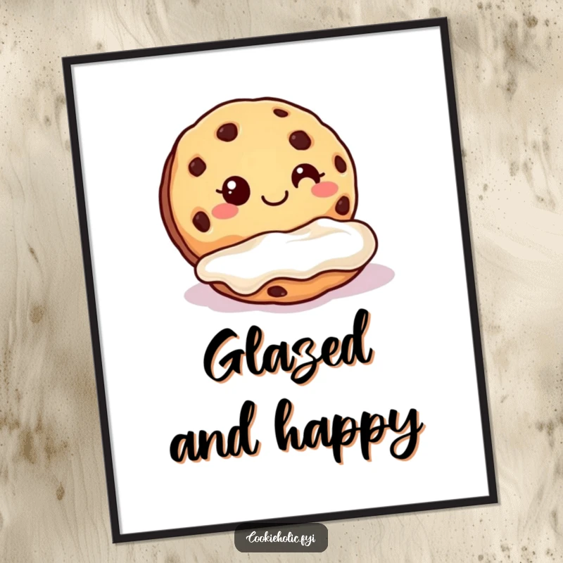 Funny cookie frosting digital art print of a happy cookie dunking into a pool of frosting, decadent and joyful.
