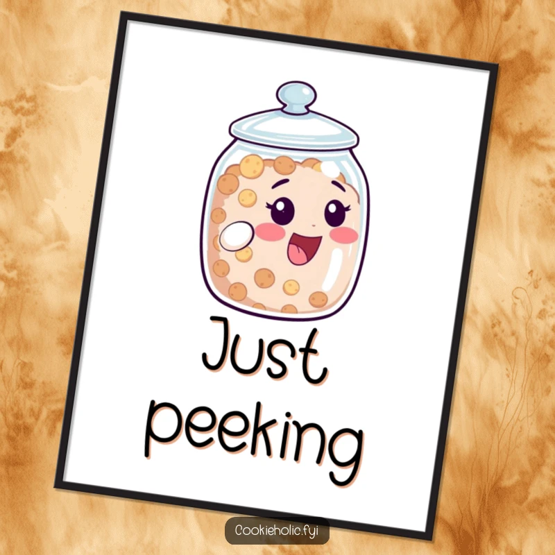 Funny Digital Art Print: Cookie jar character peeks from its lid with a delighted expression. Whimsical wall art funny gift.