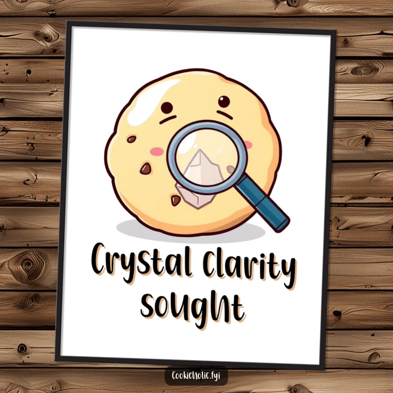 Funny Digital Art Print of a cookie using a magnifying glass to inspect a sugar crystal, showcasing sweet detail.