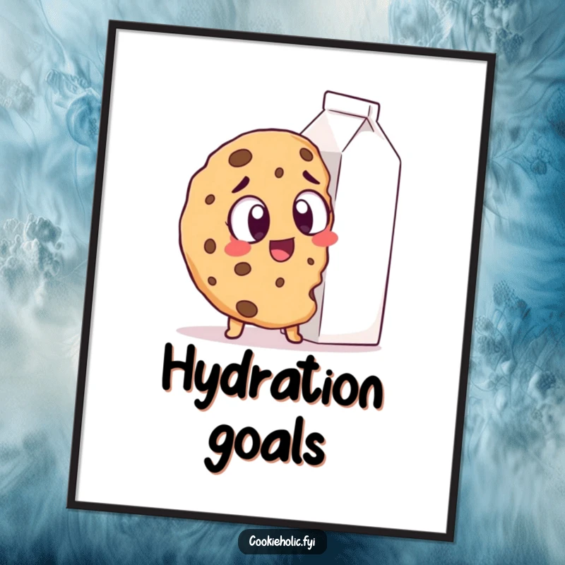 Funny Digital Art Print: A cookie with wide, excited eyes stares at a giant milk carton, a humorous illustration of pure joy.