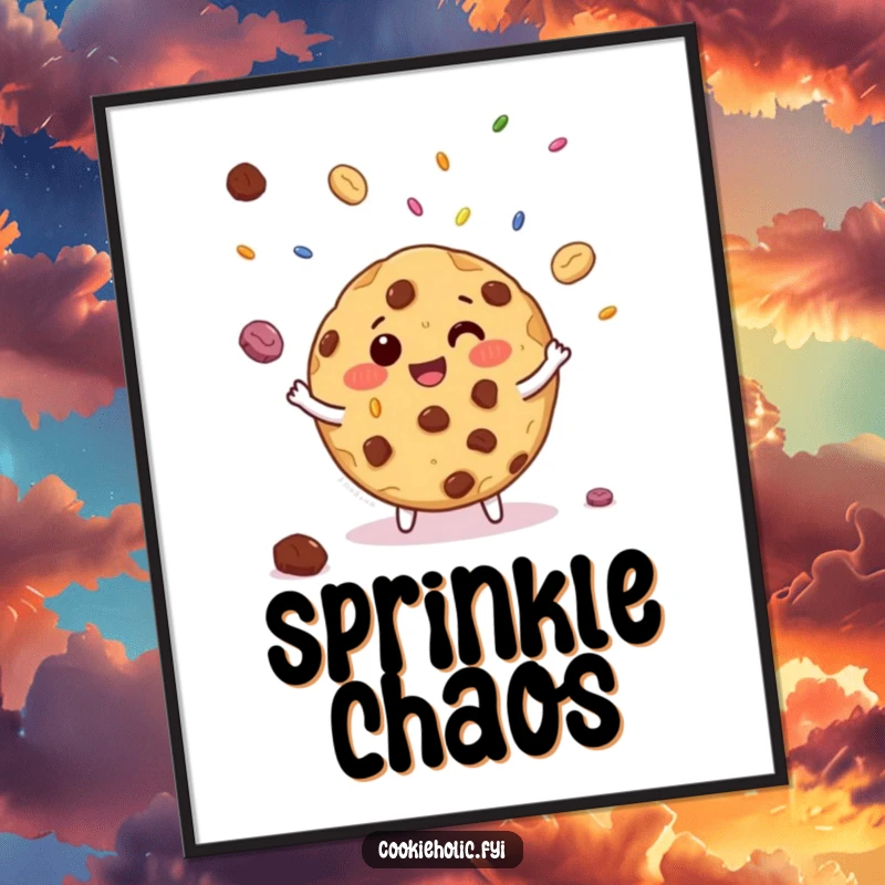 Funny digital art print of a giggling chocolate chip cookie juggling miniature candy sprinkles, adding whimsical and sweet decor.