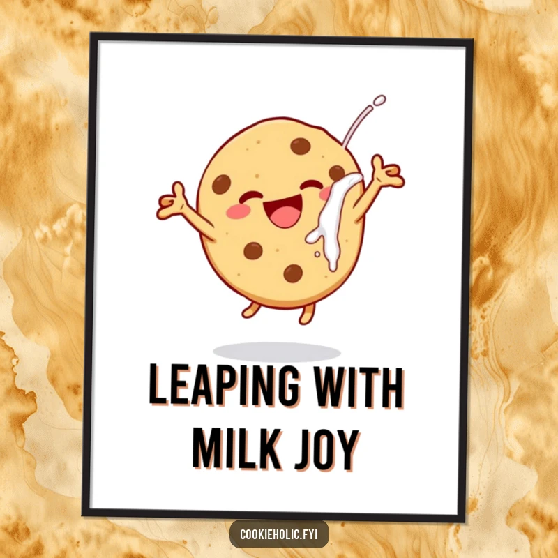 Funny cheerful cookie digital art print, showcasing a cookie leaping with delight after a milk dunk for instant humorous and sweet wall decor.