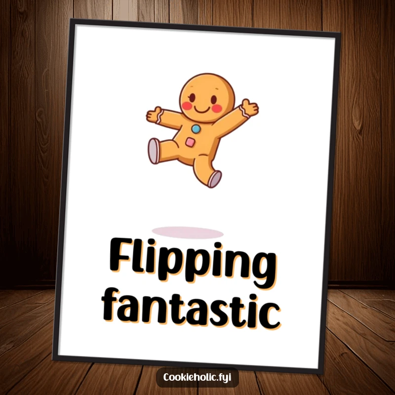 Funny digital art print of a happy gingerbread man with frosting buttons doing a cartwheel, adding whimsical holiday decor.