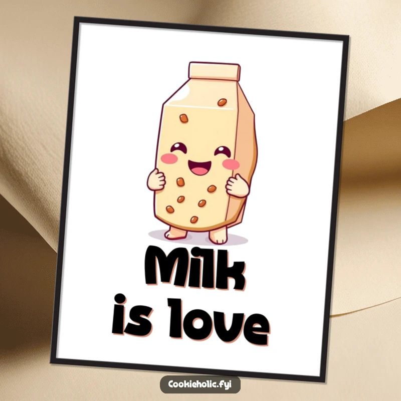 Funny digital art print of a cookie with a giant smile hugging a milk carton, celebrating friendship.