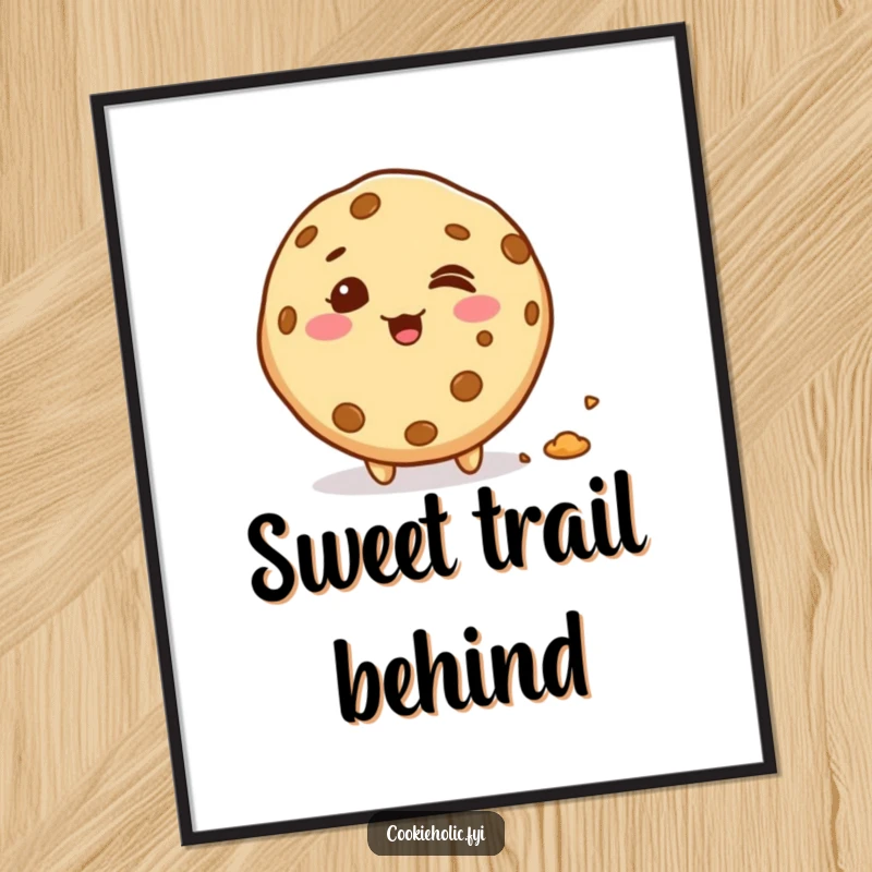 Funny giggling kawaii cookie character leaving a trail of crumbs, printable digital art for instant home decor, unique funny gift.