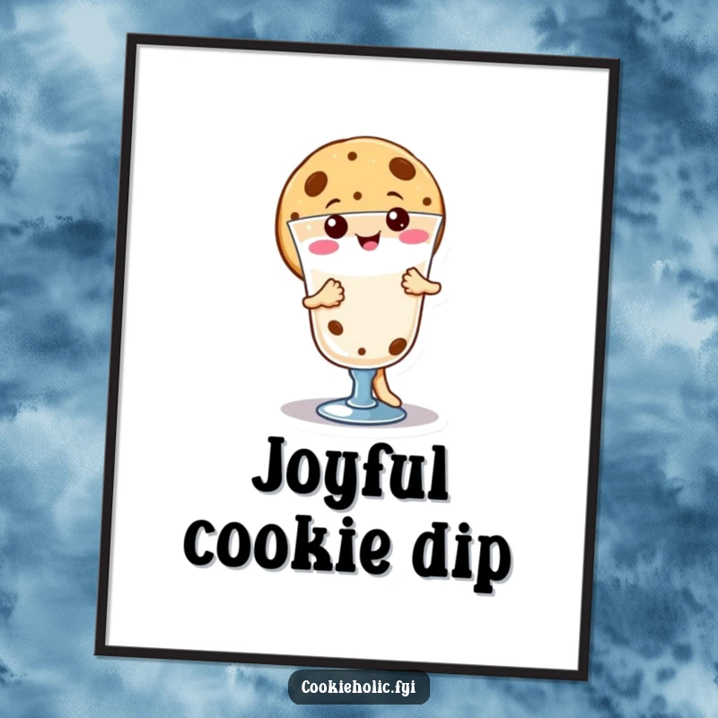 Funny happy kawaii cookie character dancing around milk, printable digital art for instant home decor, unique funny gift.