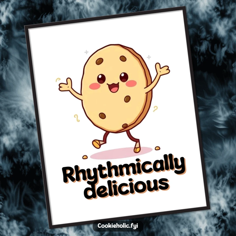 Funny digital art print of a kawaii cookie character doing a silly jig, with crumbs scattering from its feet, full of joy.