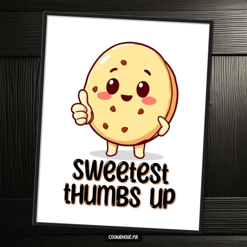 Funny delighted kawaii cookie character giving a thumbs-up gesture, printable digital art for instant home decor, unique funny gift.