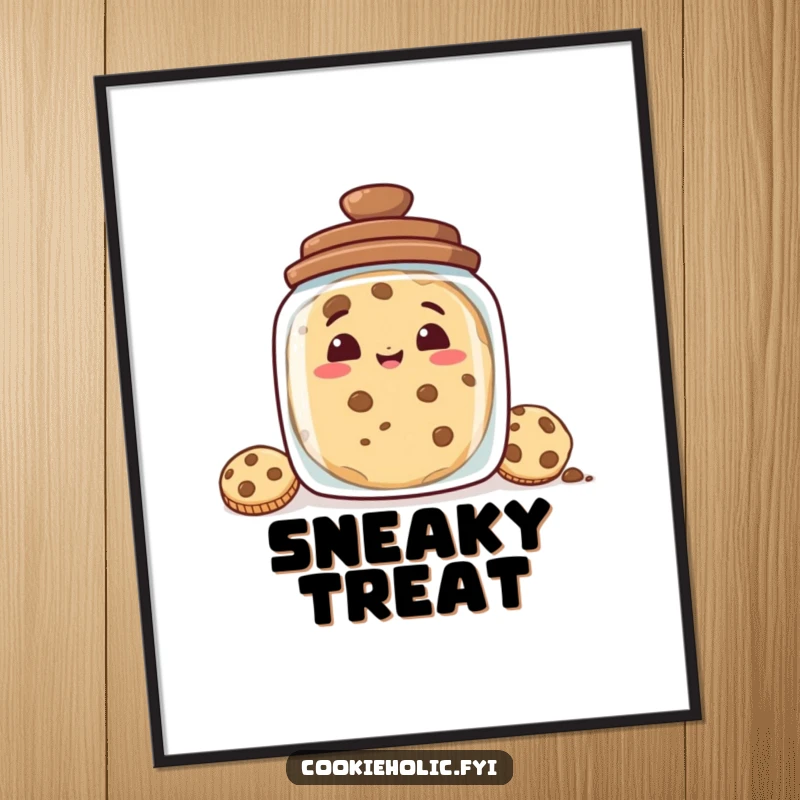 Funny digital art of a cookie with a mischievous grin peeking from behind a cookie jar, ideal for instant humorous wall decor.