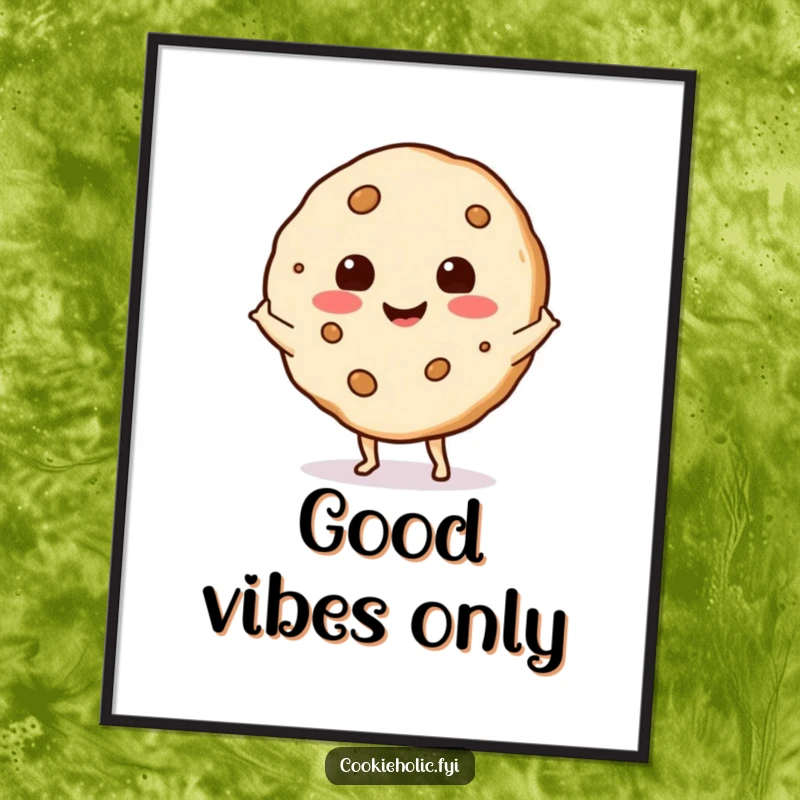Funny cookie with a happy expression doing a little shimmy dance, available as high-resolution digital art for immediate decor.