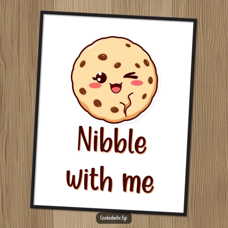 Funny digital art print of a cookie with a bite missing, giving a charming and mischievous wink.