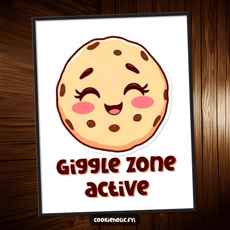 Funny digital art print of a cookie character with a happy, messy face, giggling with pure delight.