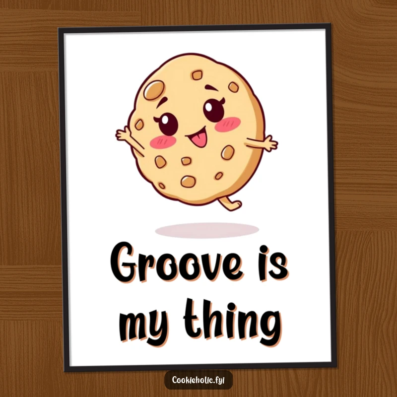 Funny digital art of a cookie character with a goofy expression doing a silly spin, ideal for instant humorous and energetic wall decor.
