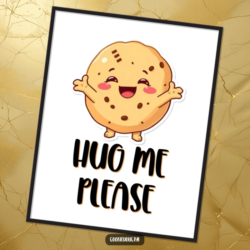 Funny digital art of a cookie with a huge smile and arms outstretched, offering a warm and inviting hug for wall decor.