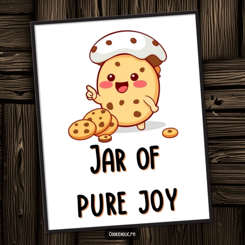Funny Kawaii cookie character happily pointing towards a vast cookie jar, as a funny digital art print for instant decor.