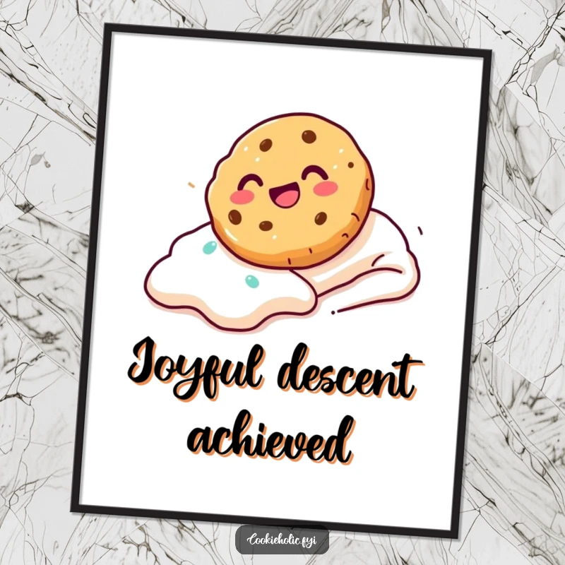 Funny Digital Art Print of a cookie sliding down a frosting slope with glee, embodying pure joy and sweetness.
