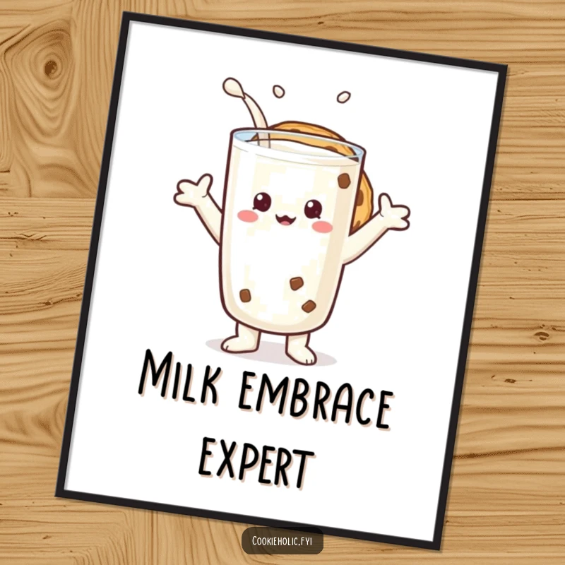 Funny digital art print of a cookie character embracing a giant glass of milk, symbolizing friendship and joy.