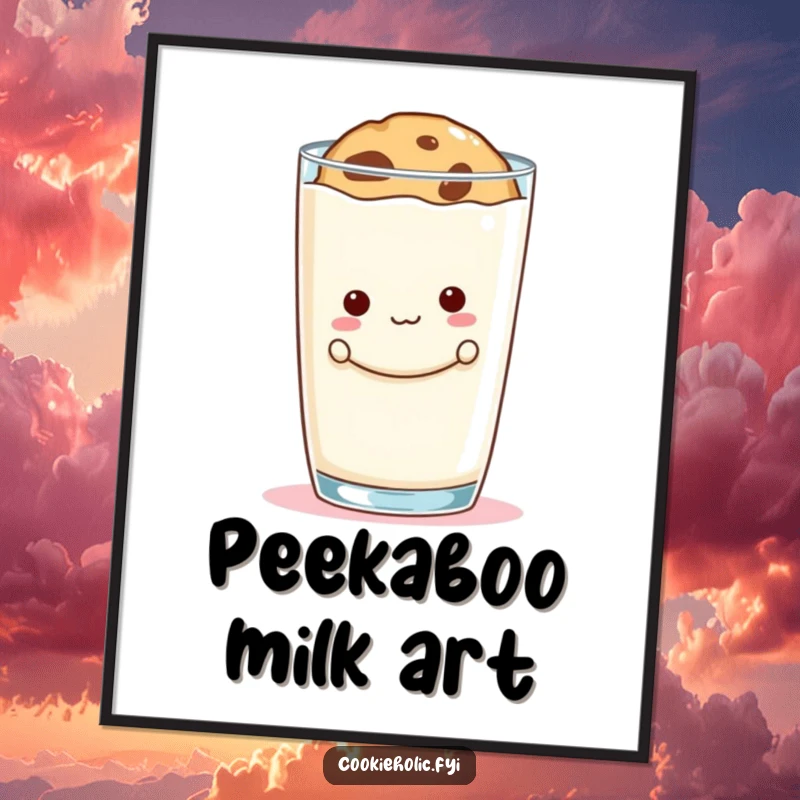Funny cookie peek digital art print of a mischievous cookie hiding behind a large milk glass, playful and charming.