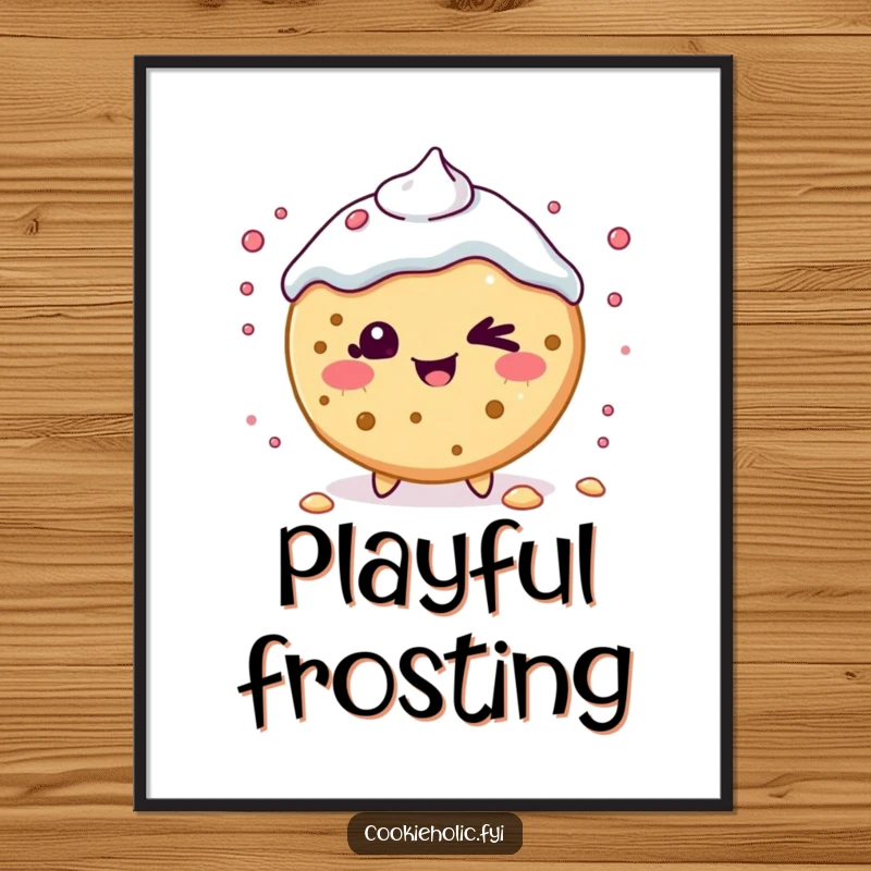 Funny Digital Art: A beaming Kawaii cookie character winks playfully, scattering frosting with a charming, mischievous aura.