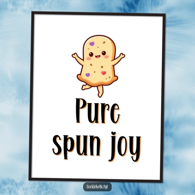 Funny kawaii shortbread cookie character in a whimsical twirl, presented as a downloadable digital art print for humorous decor.