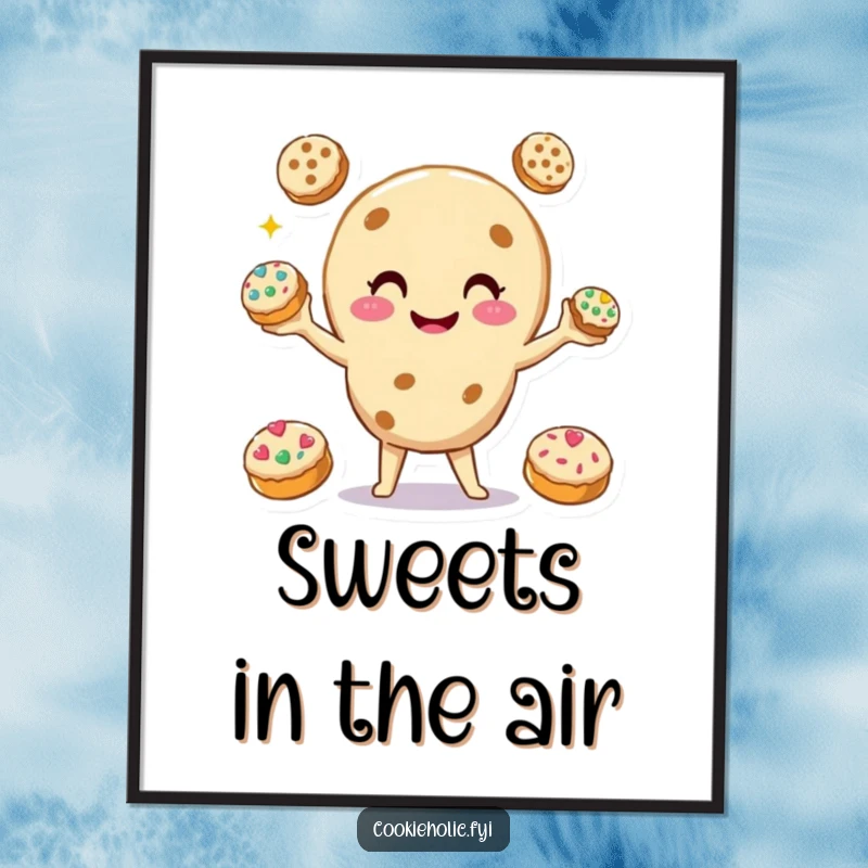 Funny Digital Art Print of a smiling cookie character juggling three smaller, decorated cookies, symbolizing multitasking and cheerful execution.