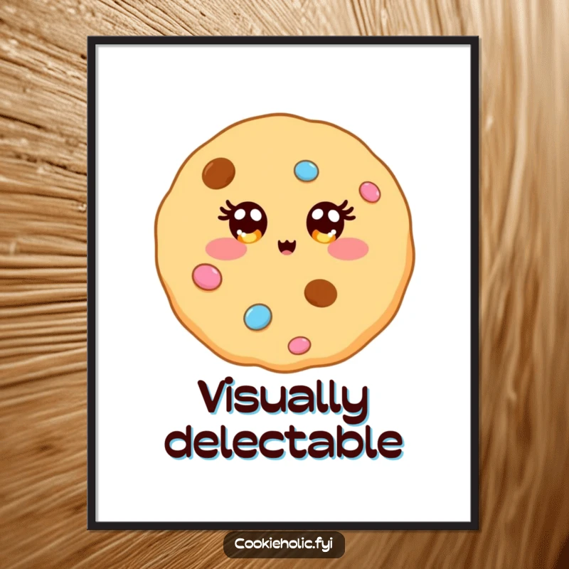 Funny digital art print of a kawaii cookie character with eyes twinkling brightly like colorful, festive candy decorations.