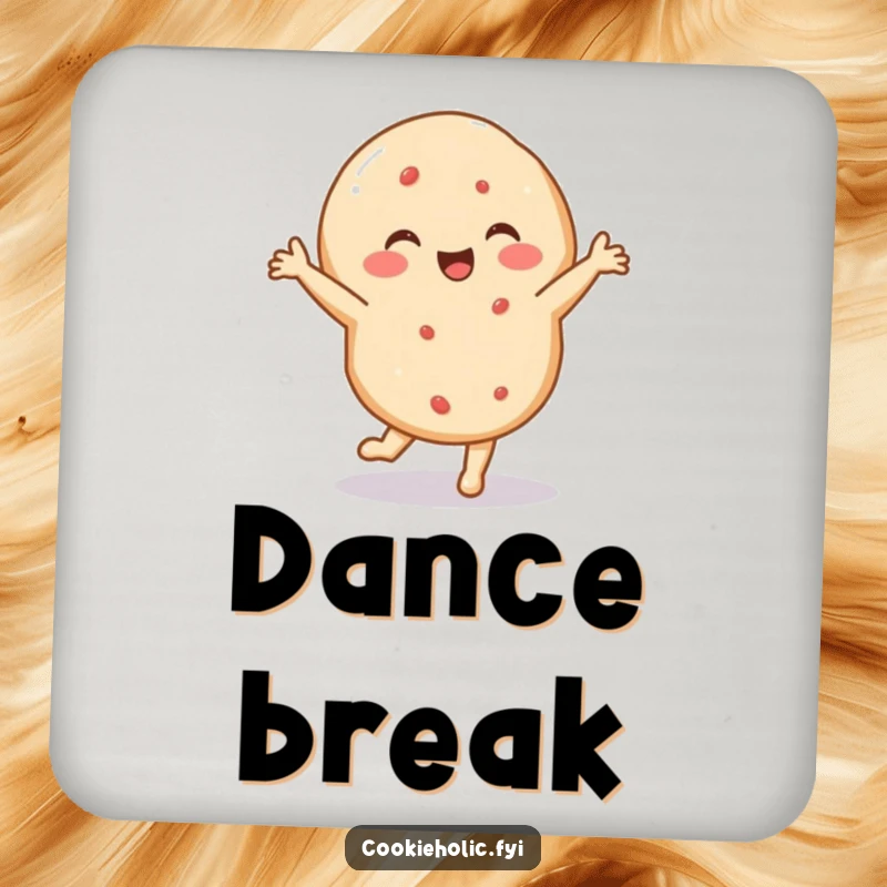 Funny drink coasters depicting a delighted sugar cookie performing a tiny, energetic dance, adding joyful humor to tabletops.