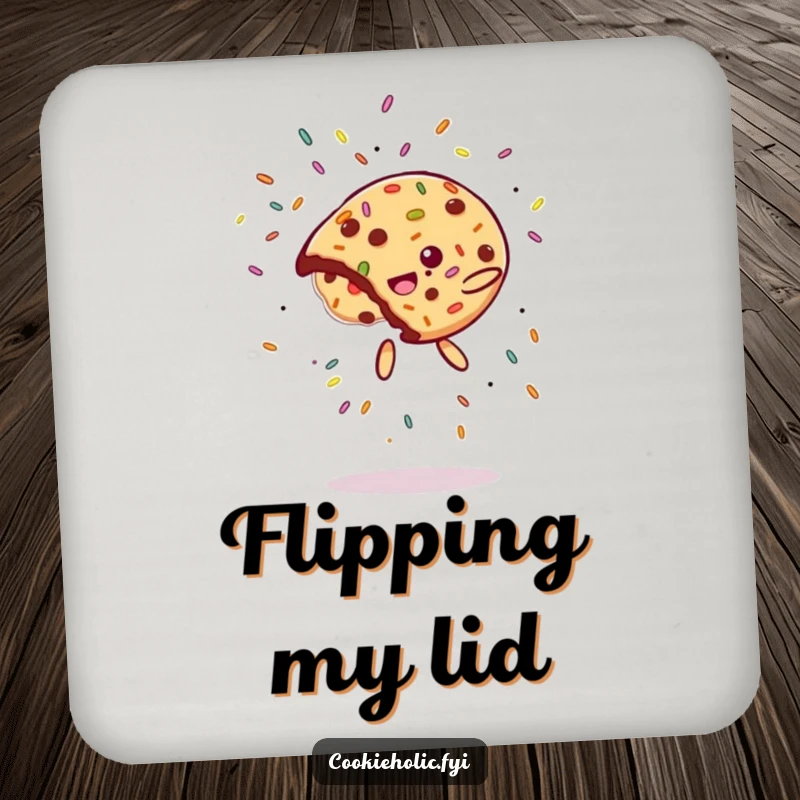 Funny Coaster: A cookie does a flip with sprinkles flying, protecting surfaces with acrobatic, humorous flair.