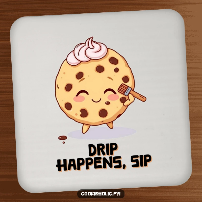 Funny drink coaster featuring a cookie character tripping slightly, smiling, and brushing off frosting.