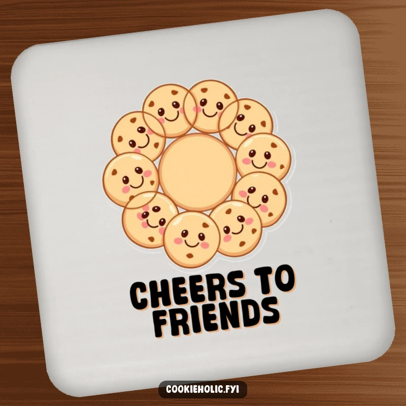 Funny cookie circle drink coaster depicting smiling cookies forming a happy circle, protecting surfaces with cheer.