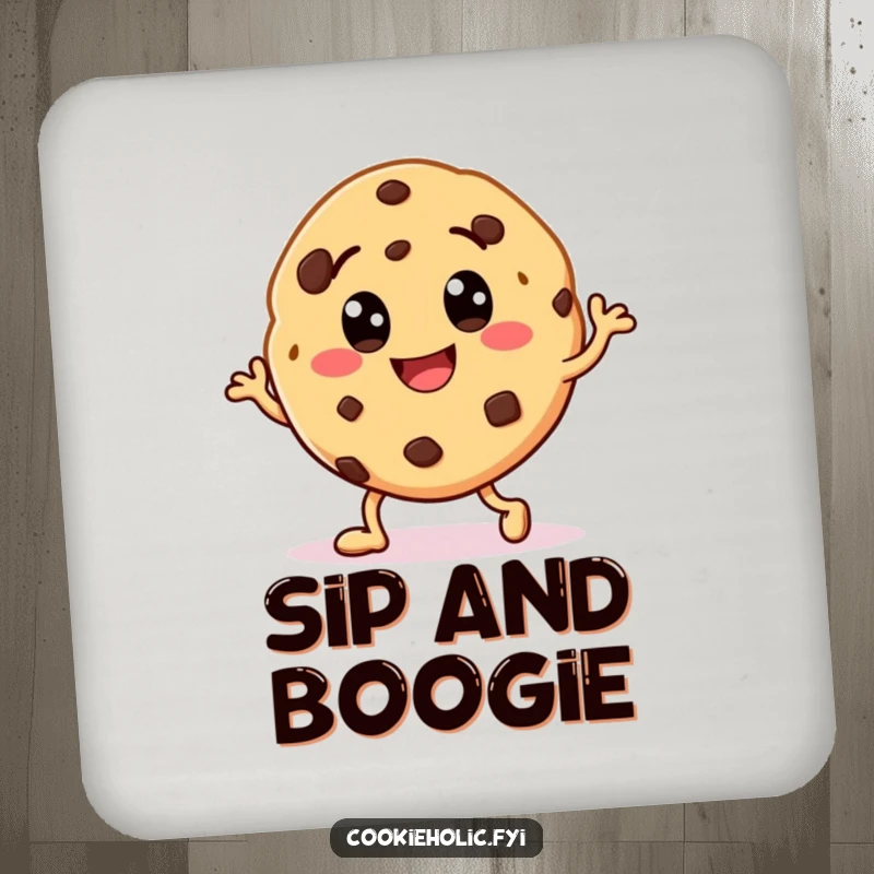 Funny drink coaster with a smiling cookie character with chocolate chip eyes, doing a cheerful happy dance.