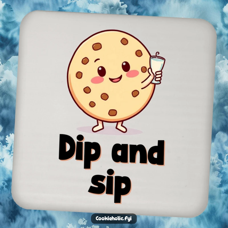 Funny drink coaster with a happy cookie character smiling and dancing with a milk glass, perfect for humorous surface protection.