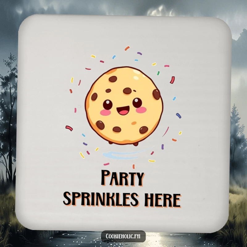 Funny drink coaster depicting a cookie character spinning with sprinkles scattering around, offering humorous dessert decor, a unique gift.