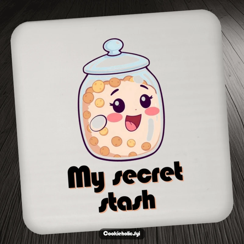 Funny Drink Coaster: Cookie jar character peeks from its lid with a delighted expression. A charming funny gift.