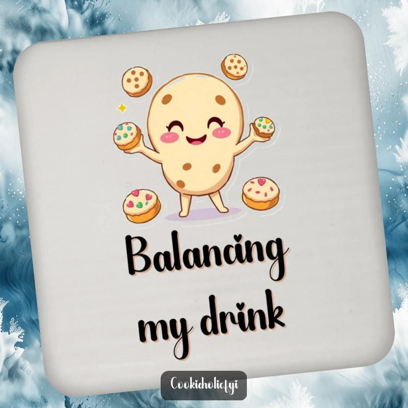 Funny Drink Coaster with a smiling cookie character juggling three smaller, decorated cookies, adding a humorous touch to surface protection.