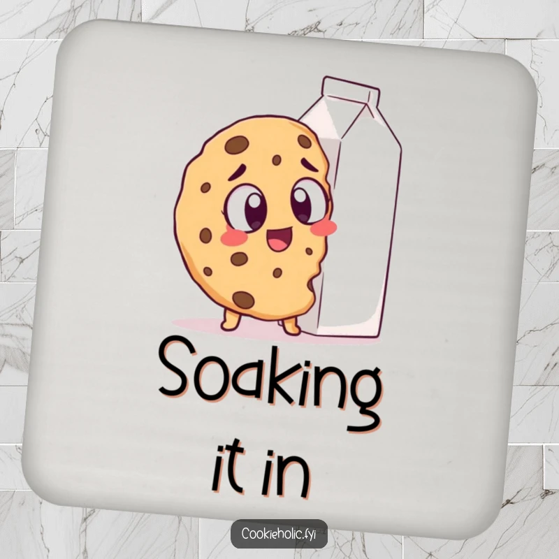 Funny Coaster: A cookie with excited eyes spots a giant milk carton, protecting surfaces with humorous delight.