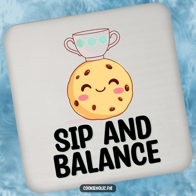 Funny cookie drink coasters, a smiling cookie balancing a teacup, adding humorous protection.