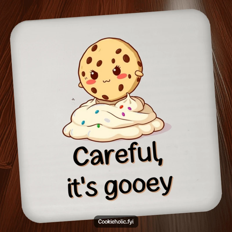 Funny coaster with a determined cookie jumping over oozy frosting, protecting surfaces with a humorous and motivational design.