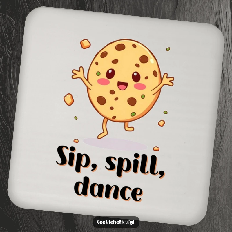 Funny drink coaster featuring a cookie character in a silly jig with crumbs flying around.