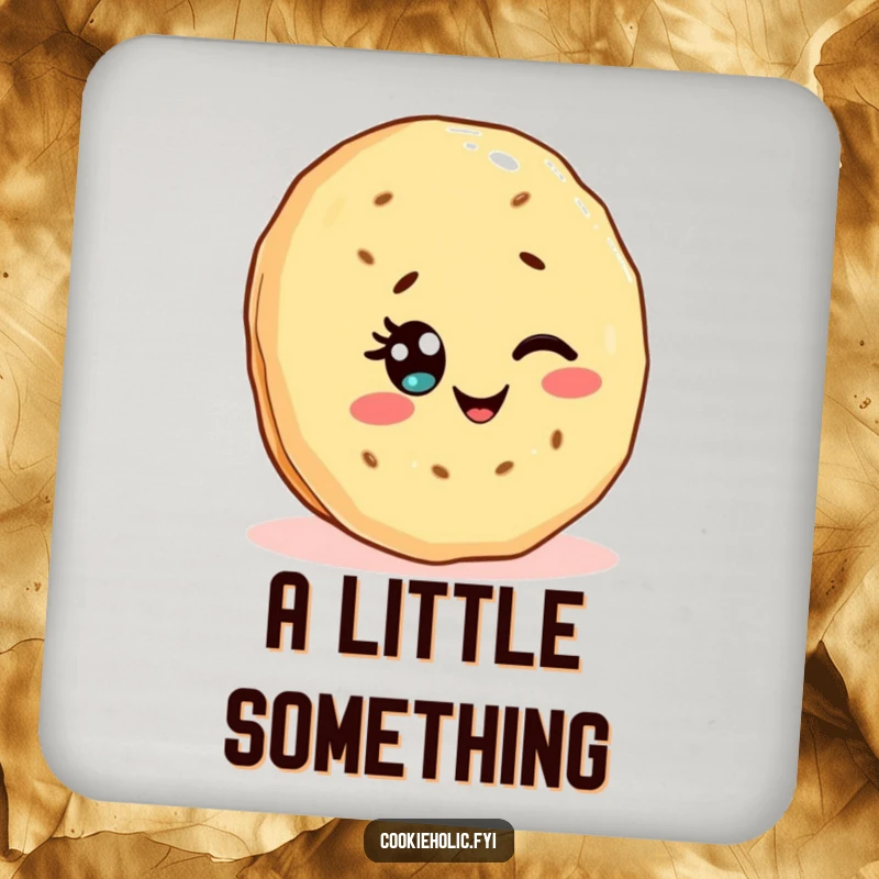 Funny drink coaster with a Kawaii shortbread cookie character winking with a sprinkle eye, representing sweet and protective charm.