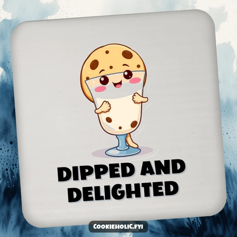 Funny happy kawaii cookie character dancing around milk, set of coasters for drink protection, cute and funny gift.