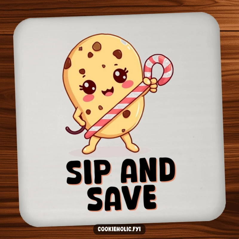 Funny Coaster: A Kawaii cookie character strikes a heroic pose with a candy cane, offering table protection.