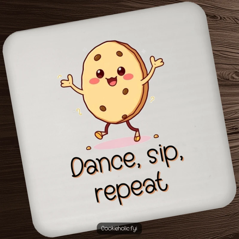Funny drink coasters with a kawaii cookie character doing a silly jig, its crumbly feet adding a touch of fun.