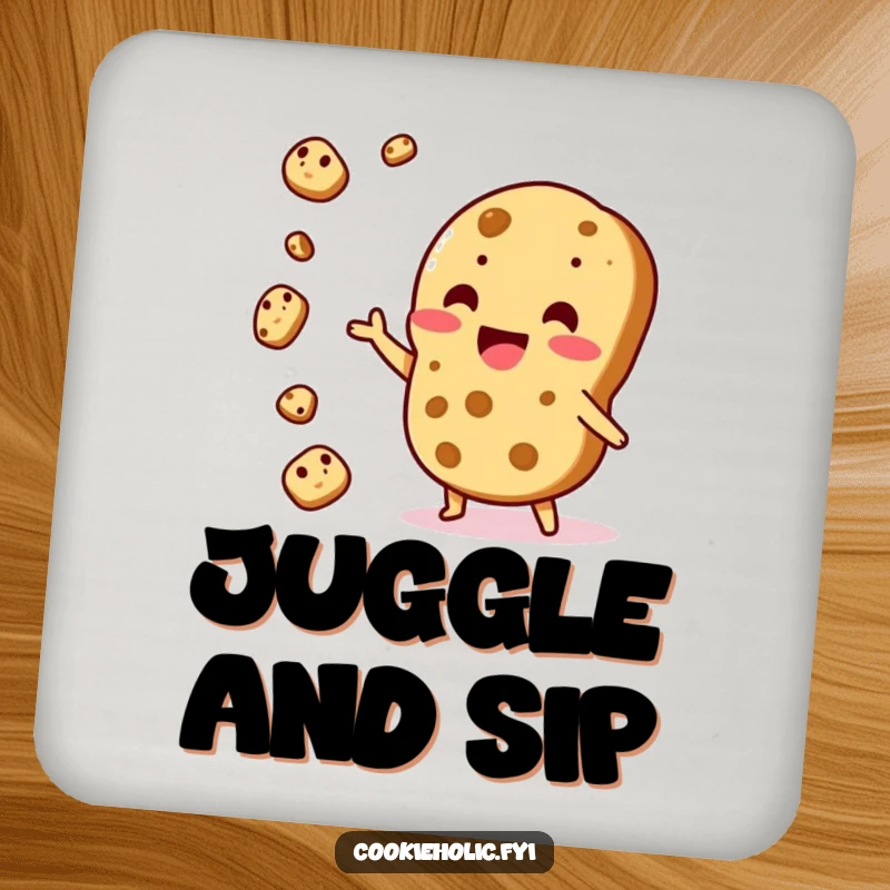Funny Coaster: A Kawaii cookie character juggles cookie pieces, adding a fun element to table protection.