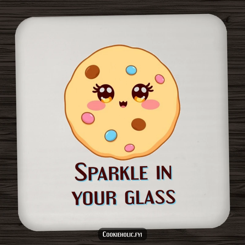 Funny drink coasters with a kawaii cookie character whose eyes sparkle like vibrant candy decorations, offering stylish protection.