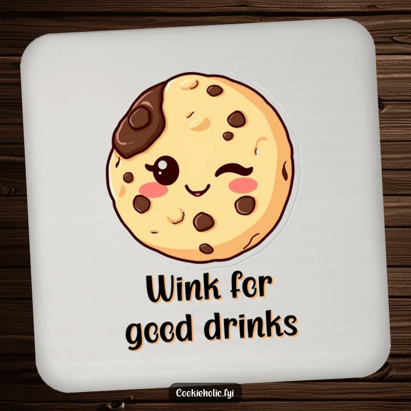 Funny set of kawaii drink coasters with a chocolate chip cookie character winking, featuring a chocolate smudge, for playful protection.